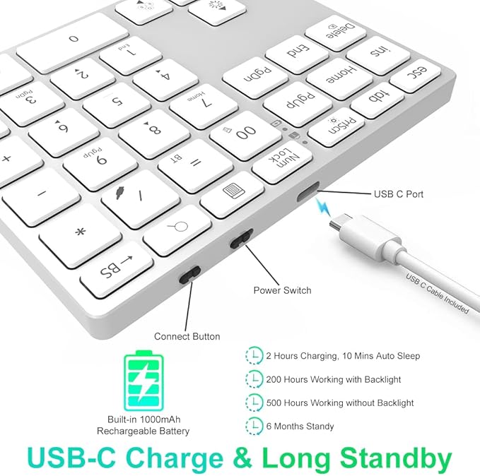 Tri-Mode Aluminum Numpad 7-Color Backlit Bluetooth 5.0/Wired USB-C/2.4G Wireless Number Pad Slim 35-Key Rechargeable Numeric Keypad External Keyboard Num Pad for Laptop, Mac - Silver White