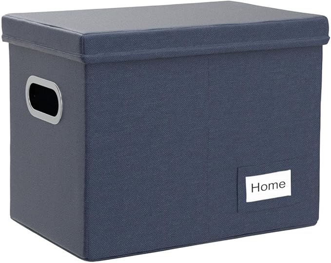 PRANDOM File Organizer Box - Set of 1 Collapsible Decorative Linen Filing Storage Hanging File Folders with Lids Office Cabinet Letter Size Navy Blue (14x9.3x10.8 inch)