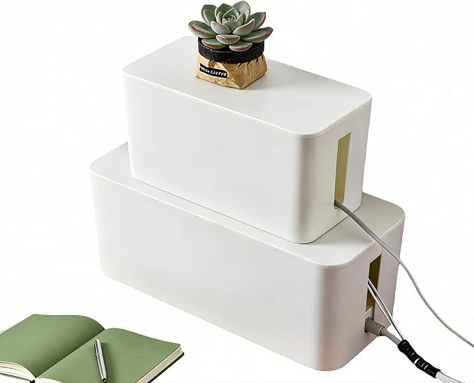 1Large+1Small Cable Organizer Set-2-Piece Home Office Desk Wire Management Storage Box,Cable Storage Box(Acryliclid/White)