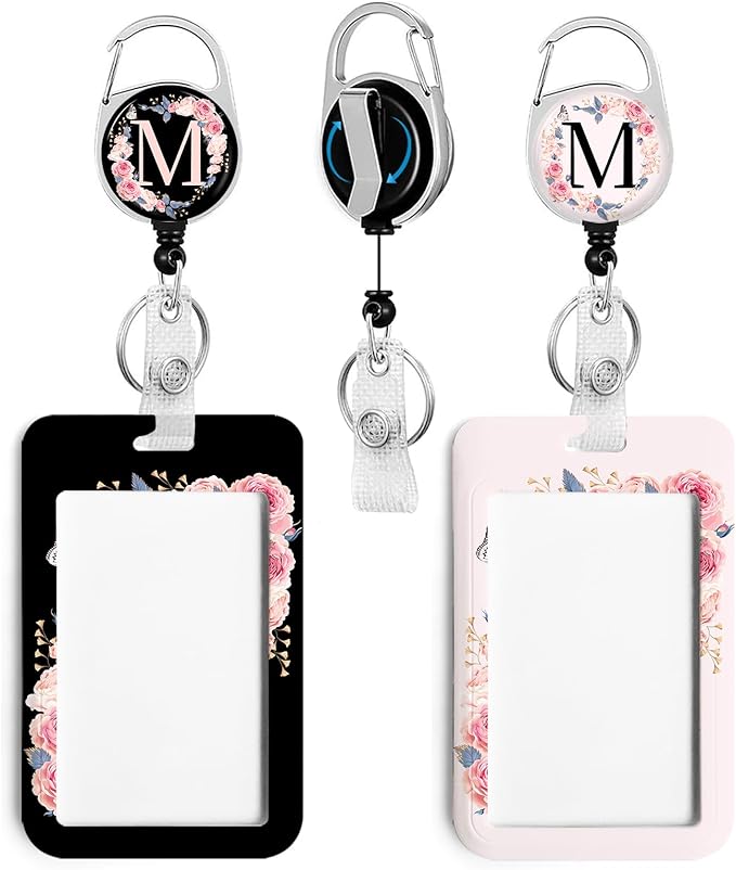 2 Pack A-Z Letter ID Badge Holder with Clip Badge Reels Retractable Heavy Duty,Keychain，ID Holder for School Nurse Office M