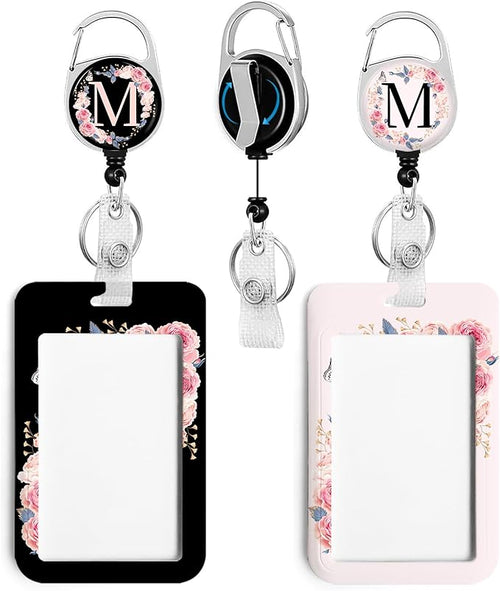 2 Pack A-Z Letter ID Badge Holder with Clip Badge Reels Retractable Heavy Duty,Keychain，ID Holder for School Nurse Office M