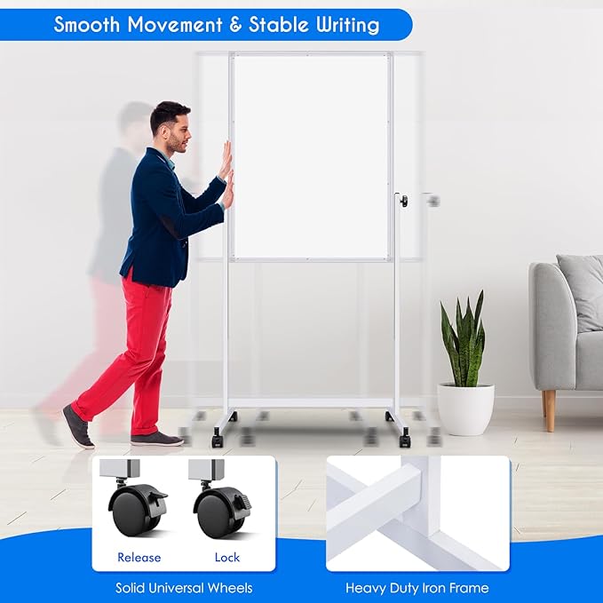 maxtek Rolling White Board, 44 x 28 Height Adjustable Whiteboard on Wheels, Large Magnetic Standing Mobile Easel Board, Double-Sided with Stand for Office, Home, and Classroom