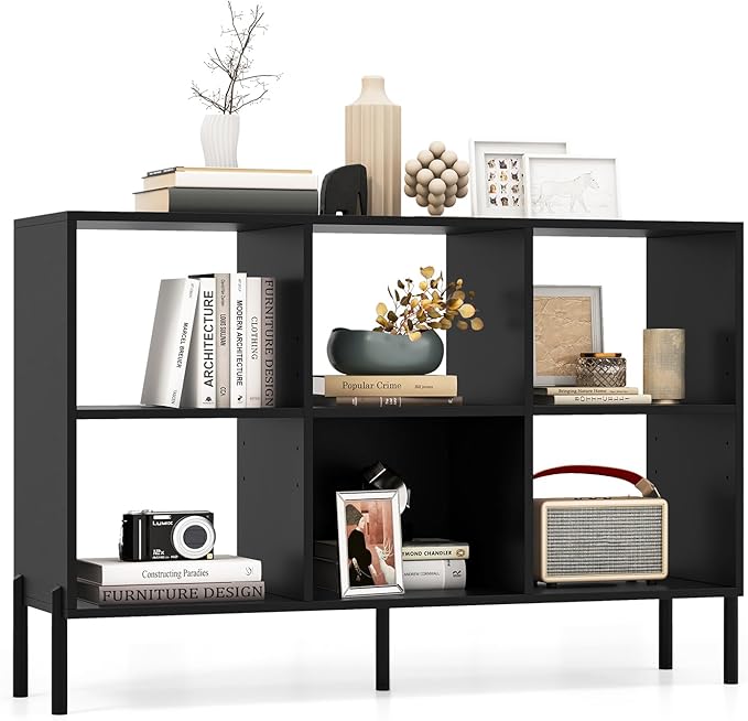 Giantex 6 Cube Bookcase, 3-Tier 47" Long Wood Bookshelf w/ 5 Metal Legs, Adjustable Shelf, Anti-toppling Device, 31.5" Tall Floor Open Shelf Bookcase, Freestanding Wooden Cube Storage Shelves