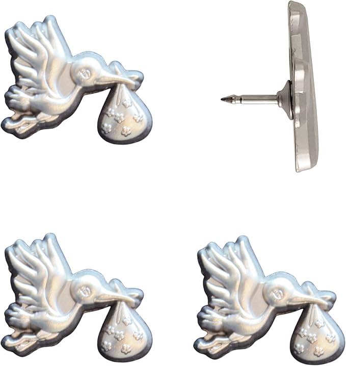 Stork Carrying Baby Map Pins - Silver Stork Pins for Cork Boards, Maps, or Lapel Use - Designed in USA - Set of 4