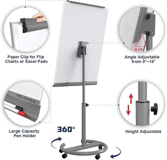 TSJ OFFICE Mobile Standing Whiteboard - 40 x 26 Inches Dry Erase White Board Tripod Whiteboard with Rolling Stand Flipchart Easel Height Adjustable
