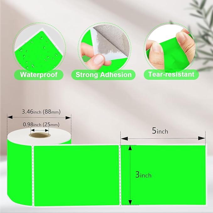 YOULAISHI 3 X 5 Inch Printable Waterproof Rectangle Color Coding Labels, 300 Per Roll Adhesive Color Coding Stickers for Bar-Codes, Address, Small Business Labeling, Inventory, Fluorescent Green