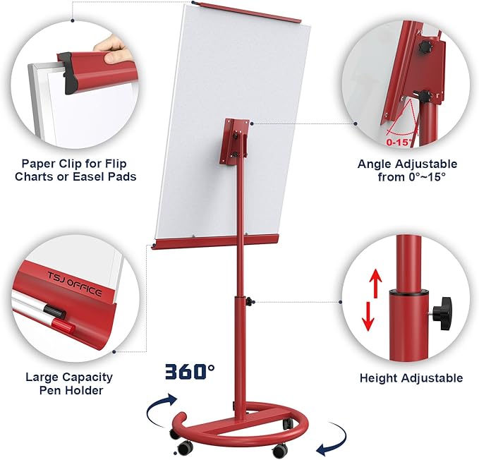 TSJ OFFICE Mobile Whiteboard Magnetic - 40 x 26 Inches Dry Erase Board on Wheel with Stand Flipchart Easel Height Adjustable,Red