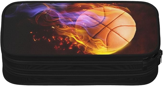 Sports-Themed Boys Pencil Case with Fire Basketball Print, Big Capacity Black Pencil Pouch Stationery Bag with Zipper Portable Travel Storage Box Desk Pen Bag for Kids Teens Adults