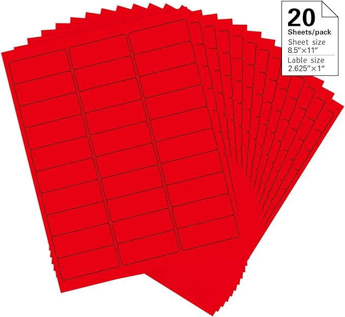1" x 2-5/8" Colored Address Labels, 600 Bright Red Label Stickers- Laser/Ink Jet Printer Mailing Labels, 8.5"x11" 20 per Sheet