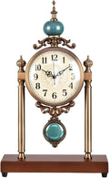 Vintage Table Clock with Turquoise Accents, Silent Non-Ticking, Wood Base and Metal Frame, Decorative Antique Design