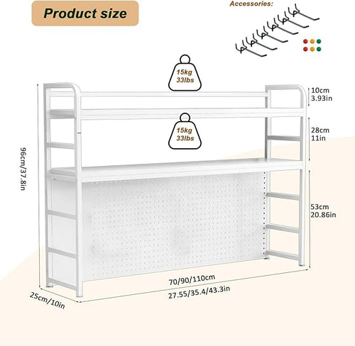 2-Tier Desktop Bookshelf Hutch - Metal Desk Shelf Bookcase with Desk Pegboard Countertop Storage Organizer Rack for Dorm or Office (A, 90cm/35.4in)