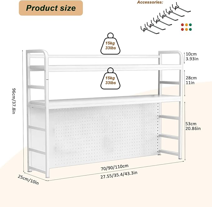 2-Tier Desktop Bookshelf Hutch - Metal Desk Shelf Bookcase with Desk Pegboard Countertop Storage Organizer Rack for Dorm or Office (B, 90cm/35.4in)