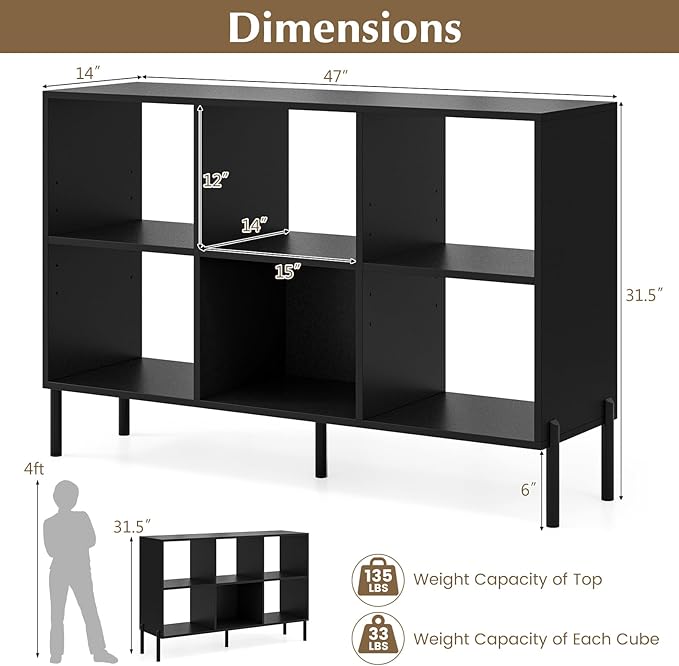 Giantex 6 Cube Bookcase, 3-Tier 47" Long Wood Bookshelf w/ 5 Metal Legs, Adjustable Shelf, Anti-toppling Device, 31.5" Tall Floor Open Shelf Bookcase, Freestanding Wooden Cube Storage Shelves