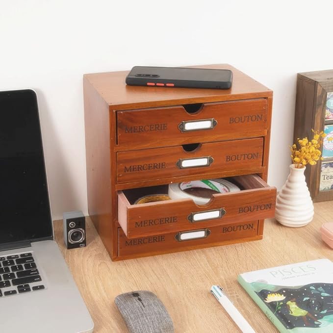 Wooden Storage Box with 4 Drawers Vintage Office Supplies and Accessories Letter Tray Wood Desktop School Supply Organizer Library Card Catalog Cabinet with Lables Rustic Jewelry Box (BROWN)