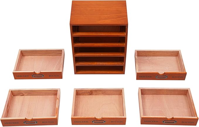 Stackable Wooden Desk Organizer with 5 Drawers Retro Brown Modular Storage Boxes for Home Office, Makeup, Stationery - No Assembly Required