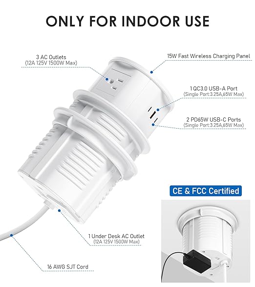 ANNQUAN 4.75" Pop Up Outlet with 65W USB-C,15W Wireless Charger,4 Outlets,3 USB Ports,Pop Up Countertop Receptacle Outlet for Home Office Kitchen