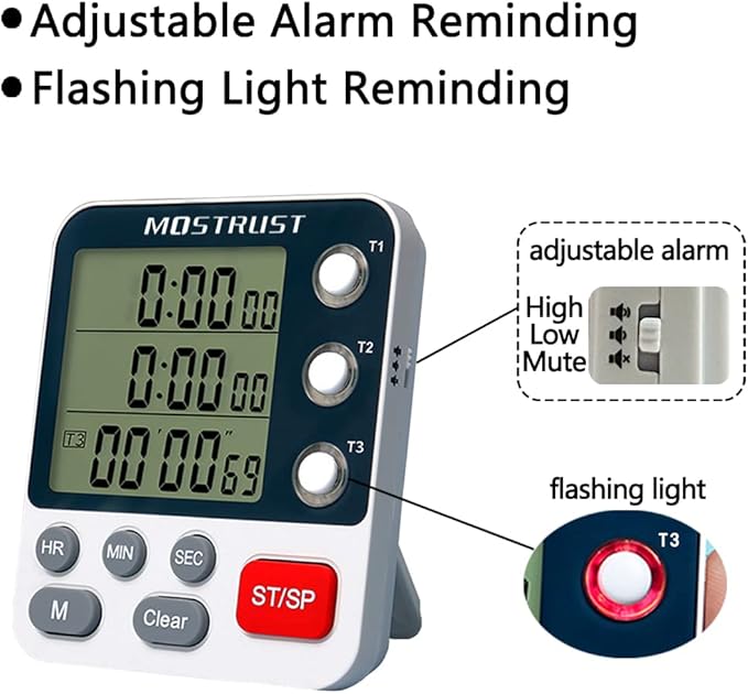 Digital Dual Kitchen Timer, 3 Channels Countdown Triple Timer for Cooking, Magnetic Memory-Preset Large Display Adjustable Alarm Volume, Multi Times Management, 3A Battery Included, White