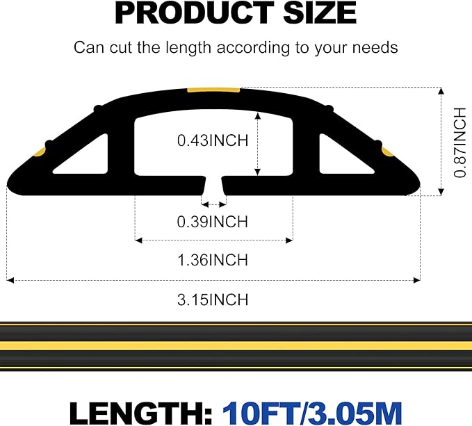 20Ft Cord Covers for Wires on Floor, 3-Channel Heavy Duty Floor Cord Cover with Anti-Slip Base & Yellow Warning Strips, Ideal for Home, Office, Outdoor Use(10Ft X 2 Rolls)