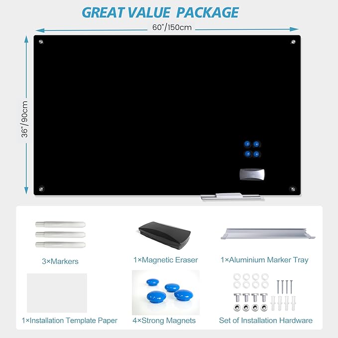 Magnetic Glass Dry Erase Board White Board Wall Mounted Whiteboard, Large Frameless Writing Board Black Glassboard, 60" W x 36" H
