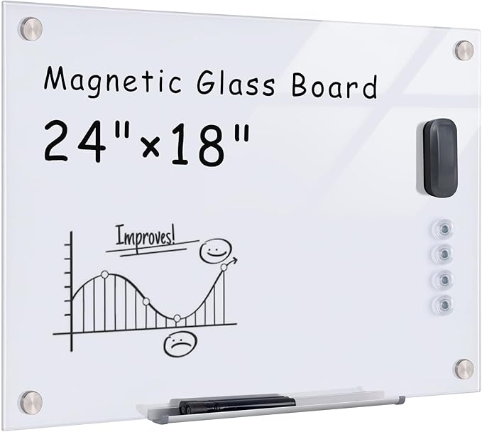 Mifuro Magnetic Glass Whiteboard，24"x18" Wall Mounted Frameless Dry Erase Board for Office, Home & School Ultra White