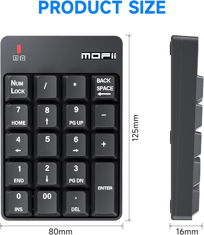 MOFII Bluetooth 5.1 Number Pad Wireless Numeric Keypad Silent 19 Keys USB Keypads, Portable Financial Accounting Numpad 10 Key for Laptop/Notebook/Surface Pro/PC - Black