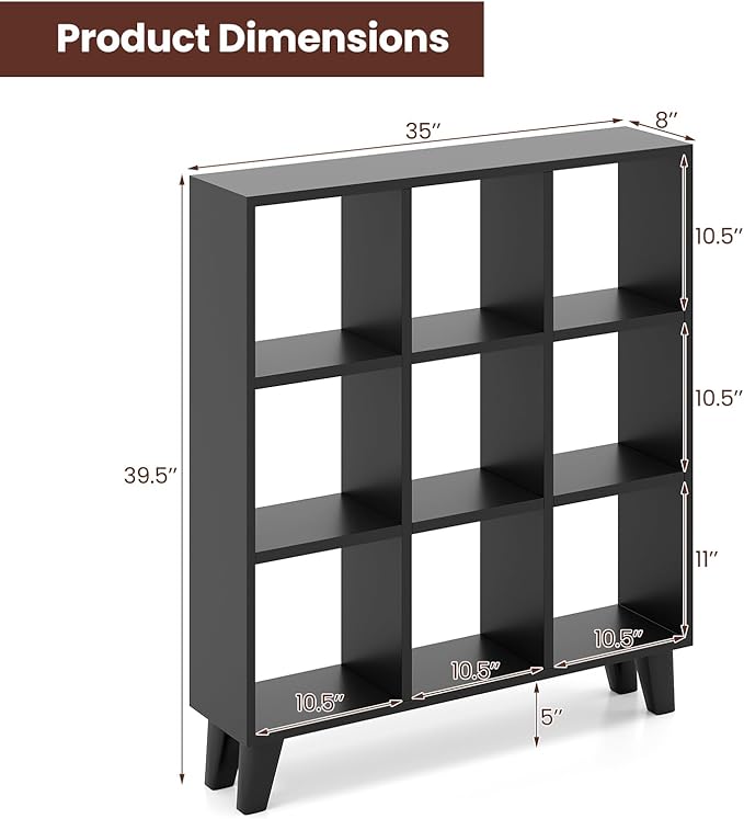 Giantex 9-Cube Open Bookcase, 3-Tier Freestanding Bookshelf with 4 Slanted Legs & 6 Removable Shelves, Modern Cubby Storage Organizer, Wood Display Book Shelf for Living Room Bedroom Study (1, Black)