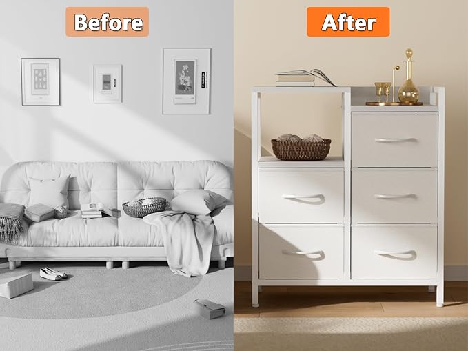 Furnulem 5 Drawer White Dressers for Bedroom 2 Tier Shelf Storage Small Fabric Dresser for Closet Sturdy Metal Frame Modern Style Storage Cabinets Organization Units for Hallway Rooms