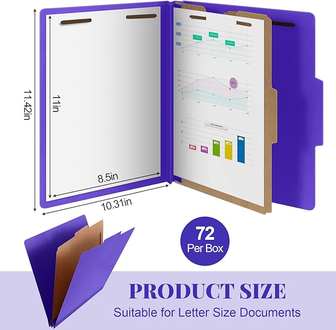 Skyygemm 72 Pcs Classification Folders Letter Size, 1 Divider Pressboard File Folder with Fasteners, Expanding Tax File Organizer Bulk for Teachers, Office, Church, Christmas Donations (Purple)