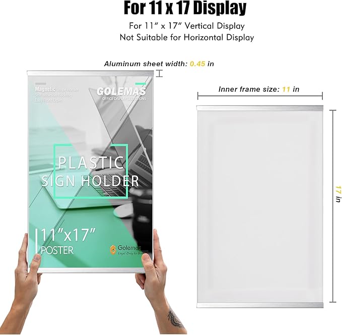 Acrylic Magnetic Sign Holder, Easy-Opening 11 x 17 Wall Mount Display Frames, Self Adhesive Back Plastic Clear Document Frame, Silver Aluminium Strips Frame (11 x 17, 6Pack)