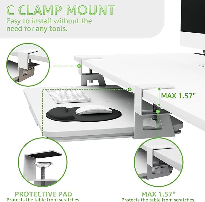 Desktop Keyboard Tray, Under Desk Pull Out, 26.77" X 11.81" Large Size Keyboard Tray with C-Clip Mount, Easy Installation, Computer Keyboard Stand, for Home Study and Office