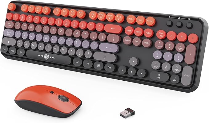 FOPETT Wireless Keyboard and Mouse Combo, 104 Keys Full-Sized 2.4 GHz Round Keycap Colorful Keyboards, USB Receiver Plug and Play, for Windows, Mac, PC, Laptop, Desktop (GradientOrange)