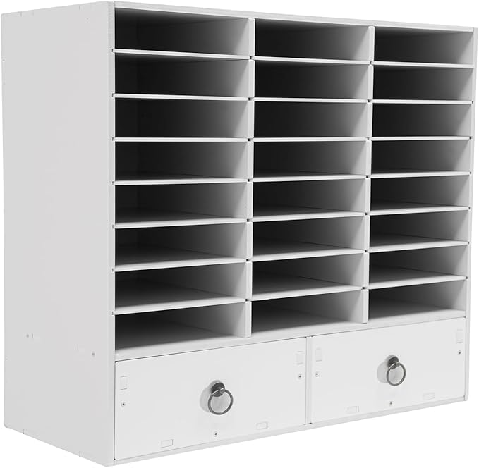 DYRABREST Wooden Literature Organizer 24 Slots Paper and Mail Organizer Storage Cabinet Desktop File Sorter with 2 Drawers, Adjustable Shelves for Home & Office School Mailrooms