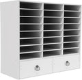 DYRABREST Wooden Literature Organizer 24 Slots Paper and Mail Organizer Storage Cabinet Desktop File Sorter with 2 Drawers, Adjustable Shelves for Home & Office School Mailrooms