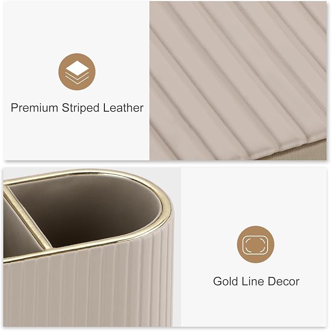 KINGFOM PU Leather Desk Organizer Pen Holder – Dual-Compartment Stylish Pencil Cup Remote Control Holder Desktop Supplies and Accessories Organizer Caddy for Office Home School (Mocha Beige)