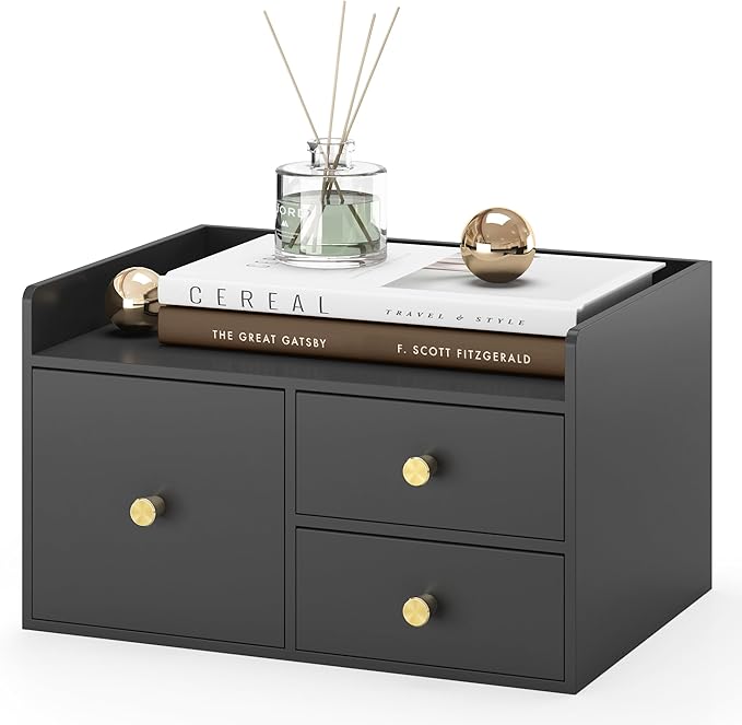 Bamboo Desk Organizer with Drawers Wooden Desktop Storage Organization Box for Bills Office Supplies Kitchen Utensils Organizing Tool for Home Classroom Vanity, No Assembly Required (3 Drawer, Black)
