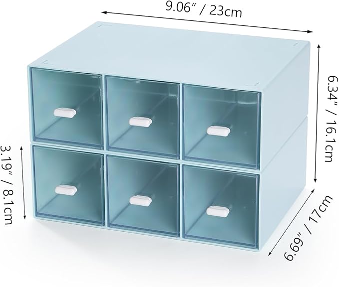Desktop Drawers, Desk Organizer with 6 Drawers, Stackable Plastic Storage Box for Home Collection, Cosmetics, Office Supplies (2 Tall Layers, Blue)