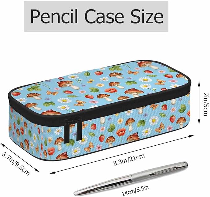 Mushrooms Pencil Case Organizer Butterfly Strawberry Summer Flowers Berries Stationery Box Makeup Colleague Office Supply for Adults Men Women