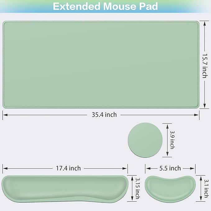 Desk Mat Green, Large Gaming Mouse Pad with Wrist Rest, 4in1 XXL Mousepad+Keyboard Wrist Rest+Mouse Pad Wrist Support+Cup Coaster Set Ergonomic Computer Desk Arm Wrist for Decor Home Office Women