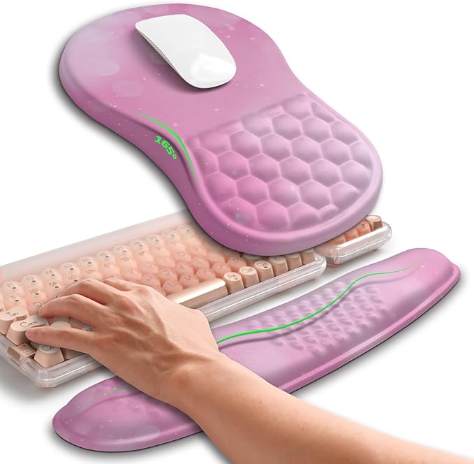 Hokafenle 2in1 Combination, Wave Keyboard Wrist Rest and Ergonomic Curvature Mouse Pad Wrist Support for Relieve Wrist Pain, Filled with Soft Cushion Memory Foam, Romantic Pink