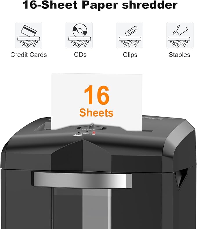 Bonsaii 16-Sheet Micro-Cut Paper Shredder 60-Minute Heavy Duty Office Use with 6-Gallon Bin P-4 Security for CD Credit Card and Staples