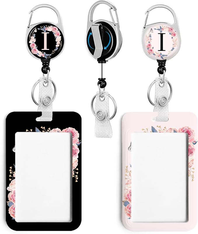 2 Pack A-Z Letter ID Badge Holder with Clip Badge Reels Retractable Heavy Duty,Keychain，ID Holder for School Nurse Office I