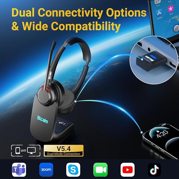 Blucalm Business V5.4 Wireless Headset with Charging Base, Computer Headset with Mic & 2.4 G USB Dongle for PC/Phone Work, Wireless Headphones with Noise-Cancelling Mic for Office, WFH, Teams, Zoom