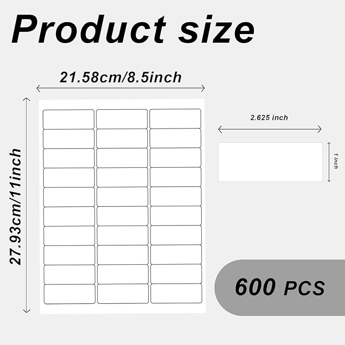 1" x 2-5/8" Address Labels, 600 Label Stickers- Laser/Ink Jet Printer Mailing Labels, 8.5"x11" White 20 per Sheet