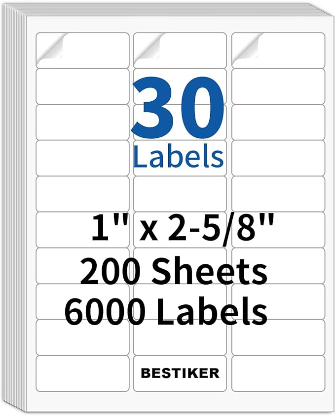 [200 Sheets 6000 Labels] BESTIKER Address Labels 1” x 2-5/8” Shipping Mailing Labels 30 per Page Printable FBA Barcode Label, Laser & Inkjet Printer Labels 30up White