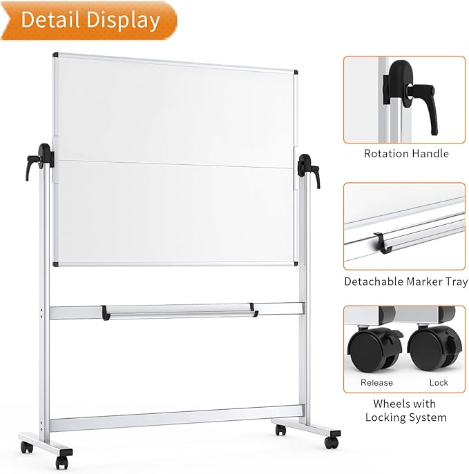 VIZ-PRO Double-Sided Mobile Whiteboard, 48 x 48 Inches, Magnetic Rolling Dry Erase White Board on Wheels with Aluminium Frame and Stand 4' x 4'