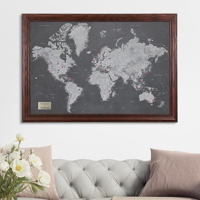 Personalized Stormy Dreams World Travel Map with Solid Wood Cherry Red Frame