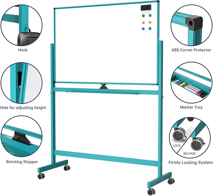 TSJ OFFICE Large Rolling Whiteboard - Dry Erase Magnetic 48 x 32 Inches White Board Height Adjust Double Sides Mobile Portable Easel on Wheels, Dry Erase Board with Stand for Office, Home & Classroom