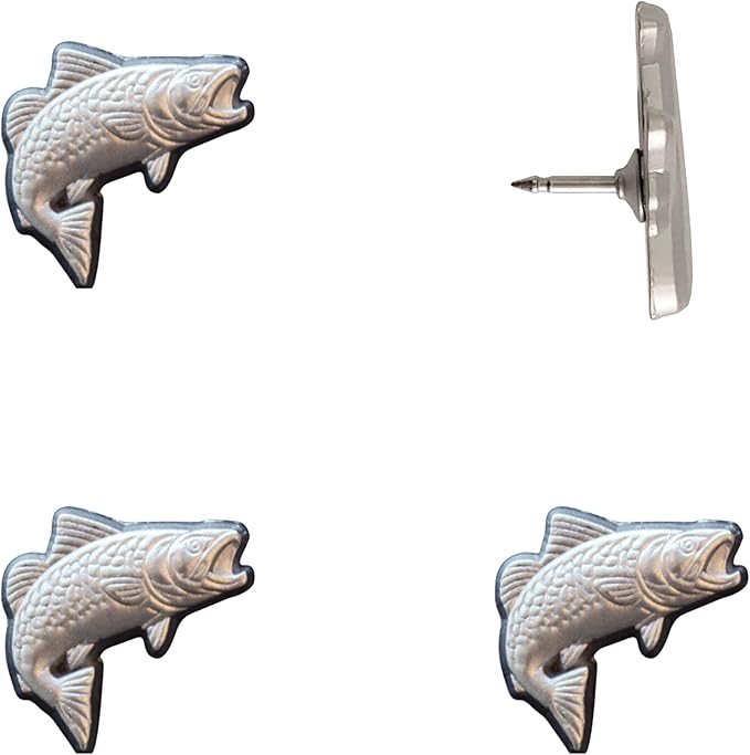 Fish Push Pins - Silver Trout Map Pins - Fishing Map Tacks for Cork Boards, Maps, or Lapel Use - Designed in USA - Set of 4