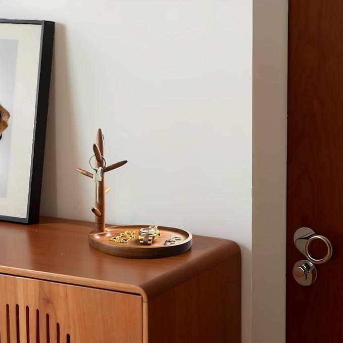 Solid Acacia Key Tray, Key Bowl for Entryway Table, Natural Catchall Tray with Key Holder Stand with 5 Hooks, Wooden Dish for Wallet, Watch, Jewelry Organizer
