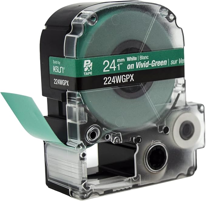 Epson LABELWORKS 224WGPX Genuine PET (Polyester) Tape Cartridge - White on Green Label Maker Tape - 1" (24MM) Wide, 30'